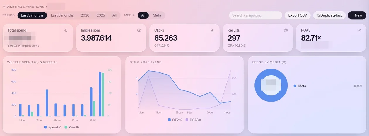 La vista Ads di DM Intelligence: impression, clic, CPA e ROAS di un cliente reale