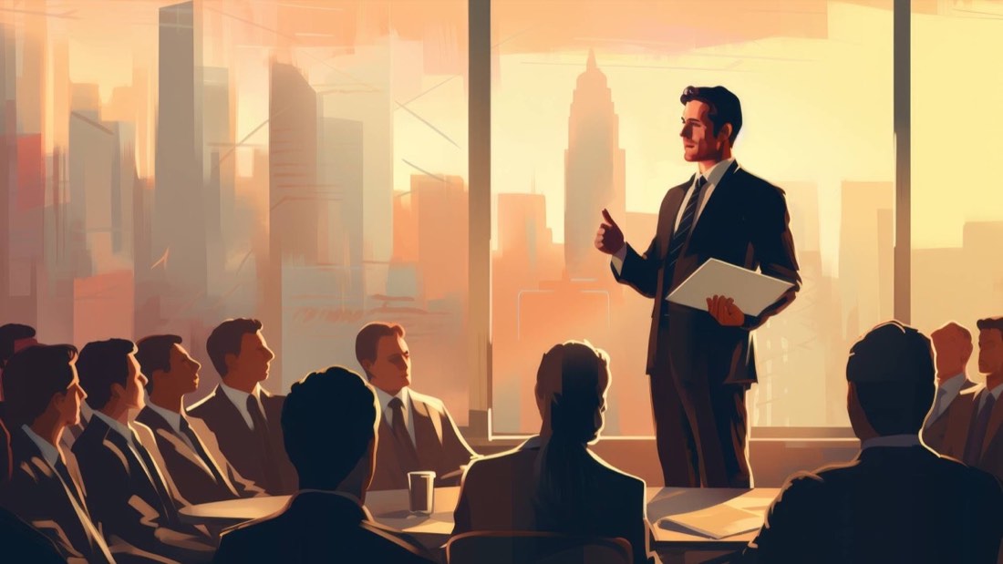 Reunión de trabajo en una agencia, una persona presenta a sus colegas