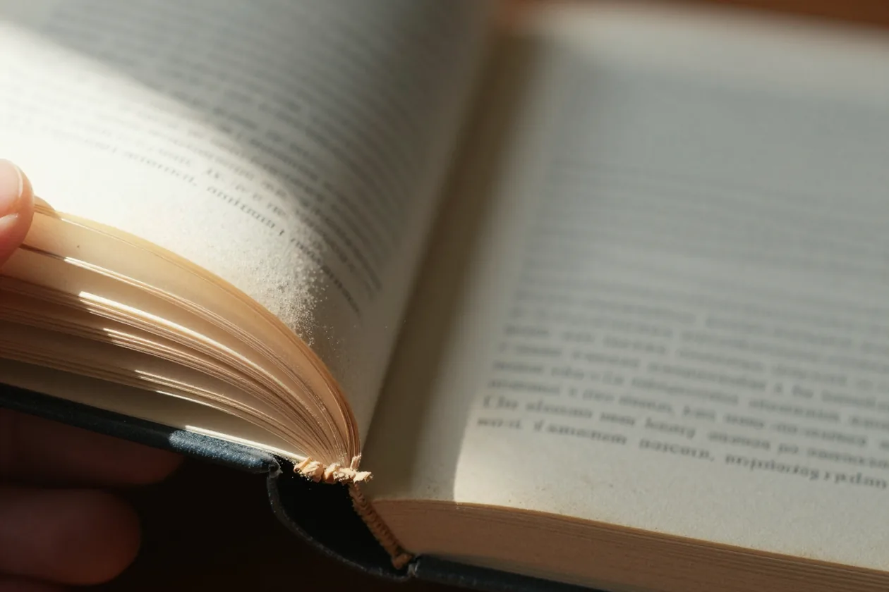 Macro de un pulgar abriendo las páginas amarillentas de un libro