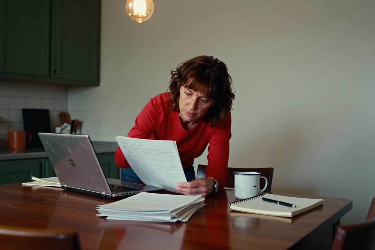 A woman leafs through a stack of identical printed sheets beside her laptop