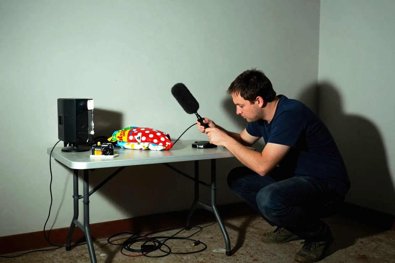 A man crouches to fit a windscreen onto a microphone in a bare room