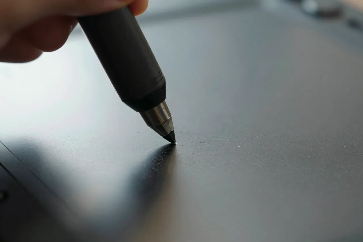 Macro of a stylus nib pressing into a scratched graphics tablet