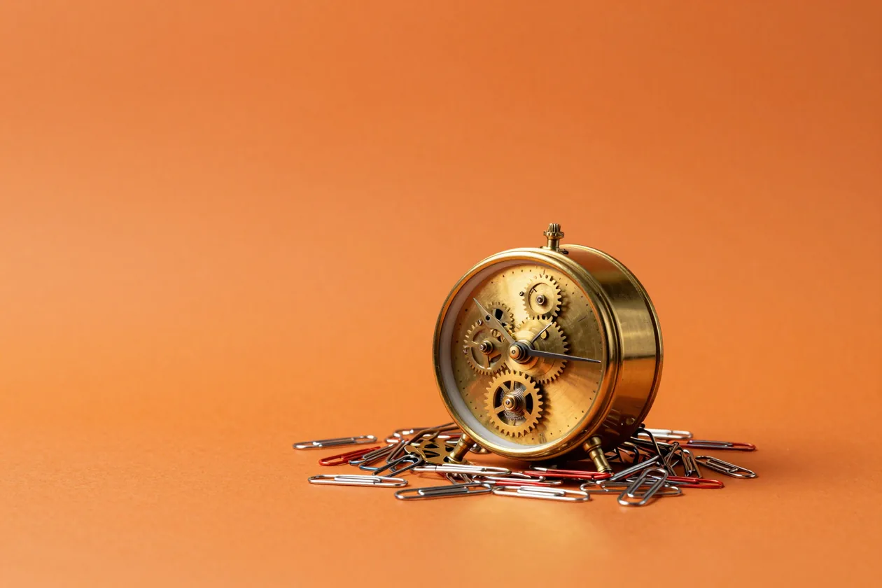 A wind-up clock with exposed cogs buried in a tangle of paperclips