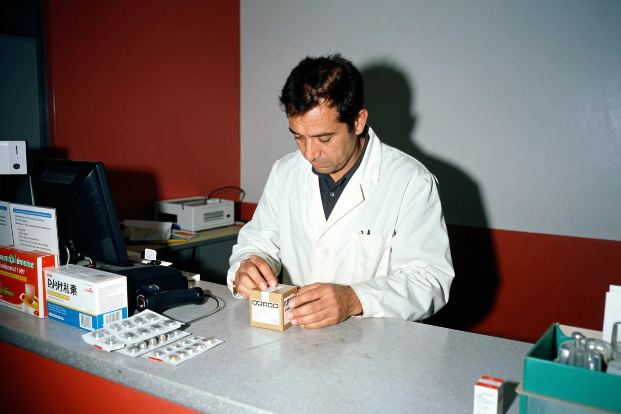 A pharmacist reads the side of a small box at a cluttered counter